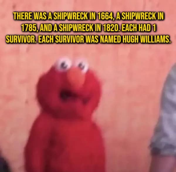 Traumatized Elmo puppet face reacting to an eerie historical coincidence random fact involving three shipwreck survivors named Hugh Williams.
