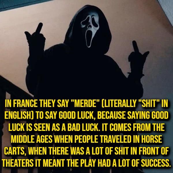 Ghostface from Scream throwing double middle fingers above a detailed historical random fact explaining why the French say 'merde' for good luck.