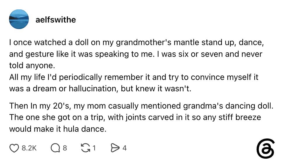 Text post about childhood fear of a dancing doll realized too late to be wind-powered.