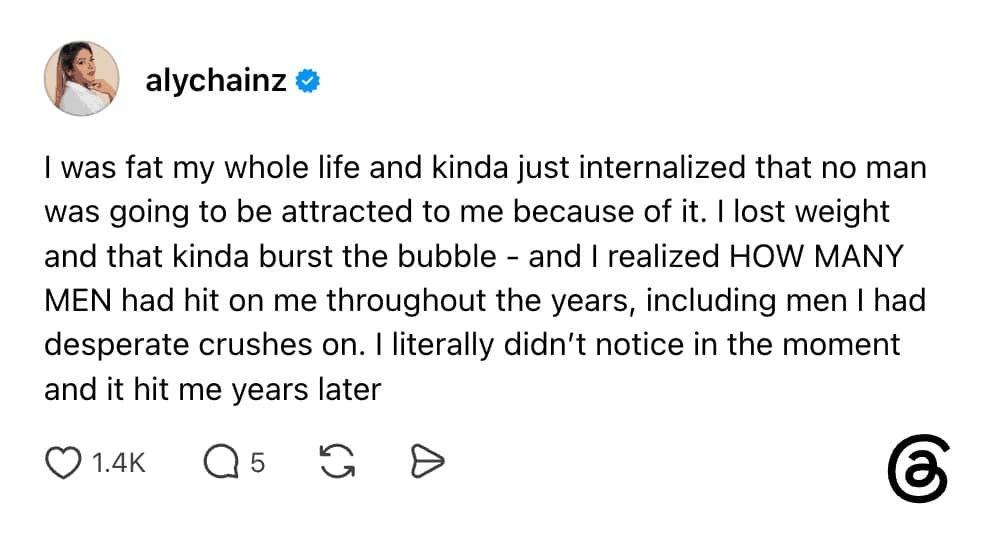 Social media text post realizing years later after weight loss that men were flirting.