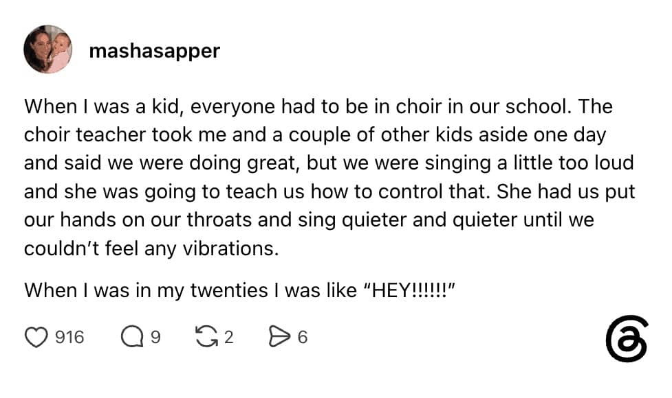 Text post describing a choir teacher tricking loud kids into muting themselves.