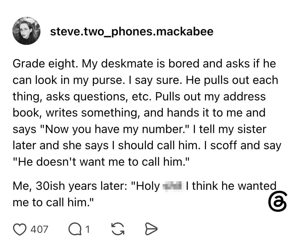 Text post about an eighth-grade crush address book interaction realized decades later.