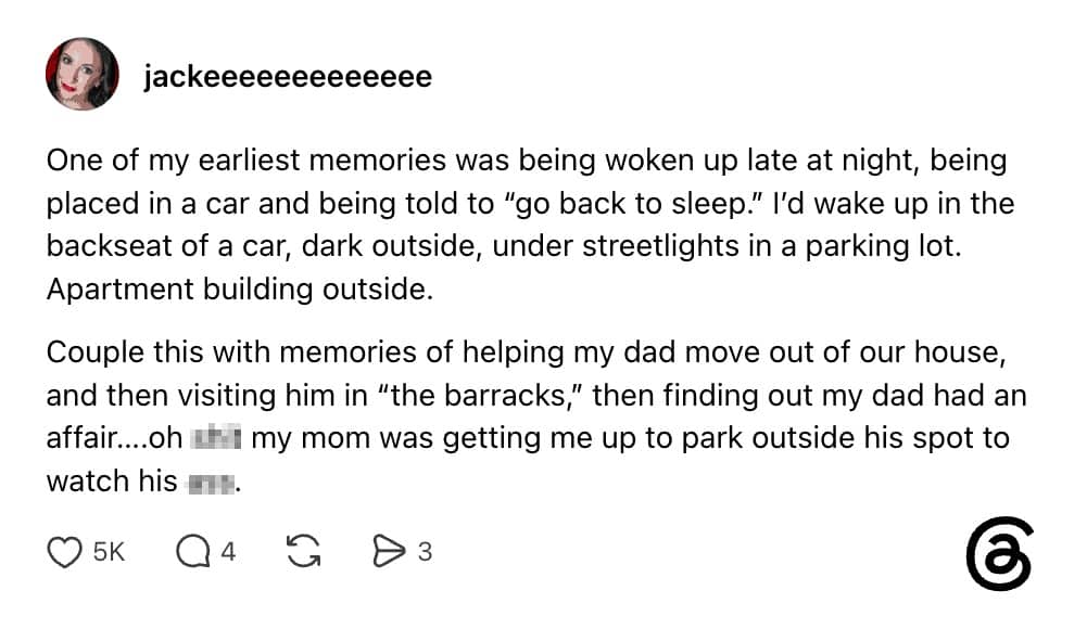 Text post describing childhood memory of sitting in a car watching dad's affair.