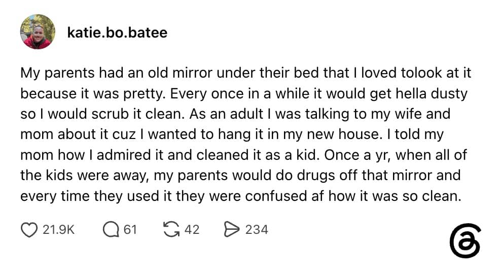Social media post about cleaning a dusty mirror under bed used for drugs.