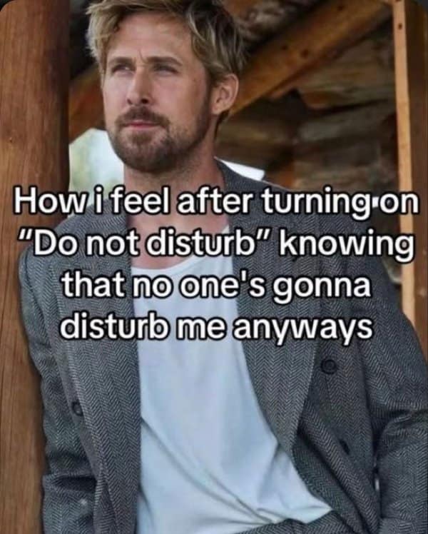 Relatable memes shot of Ryan Gosling about turning on do not disturb for nobody.