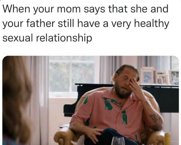 Jonah Hill covering his face while a mom overshares about her marriage.