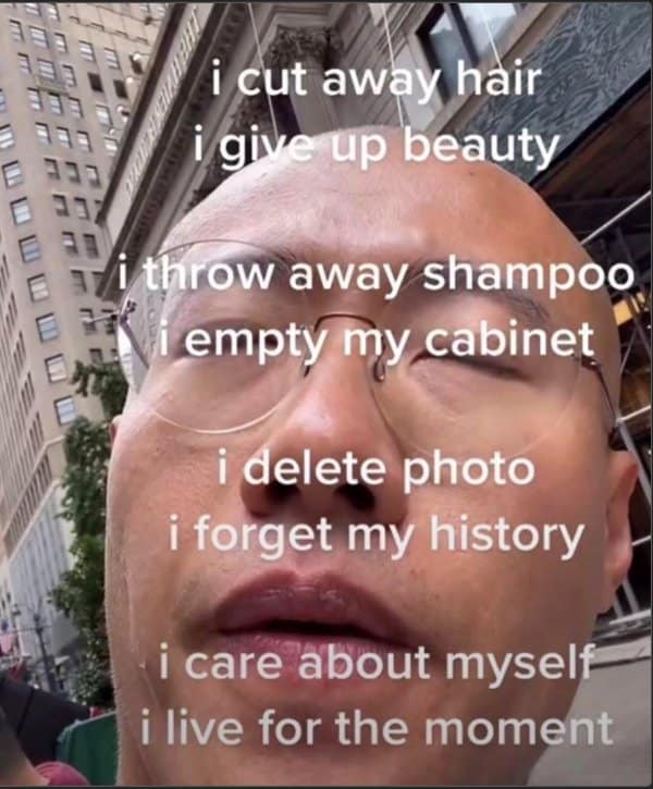 Relatable memes selfie of a bald man with a dramatic poem about giving up shampoo.