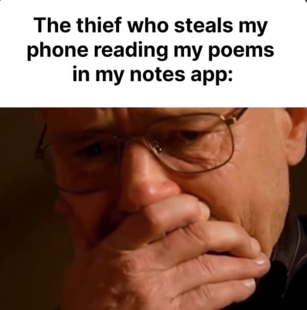 Relatable memes reaction of a crying man as a thief reads your notes app poems.