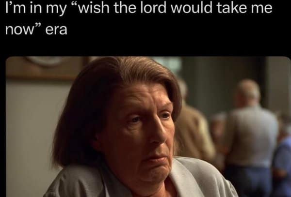 Relatable memes post of a weary Sopranos character in her please take me now era.