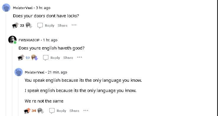 Reddit argument about broken English ending in a smug we're not the same reply.