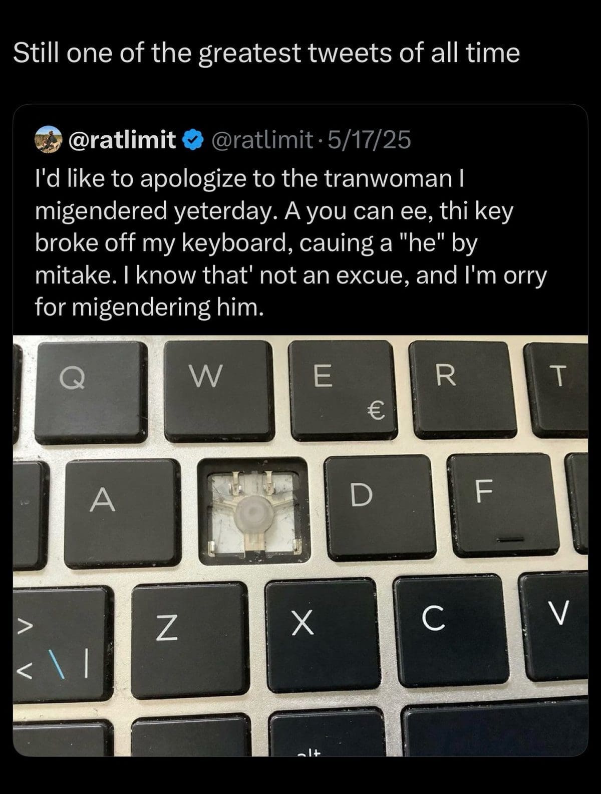 Keyboard missing its S key, shown as the setup for a tweet's wordplay apology.