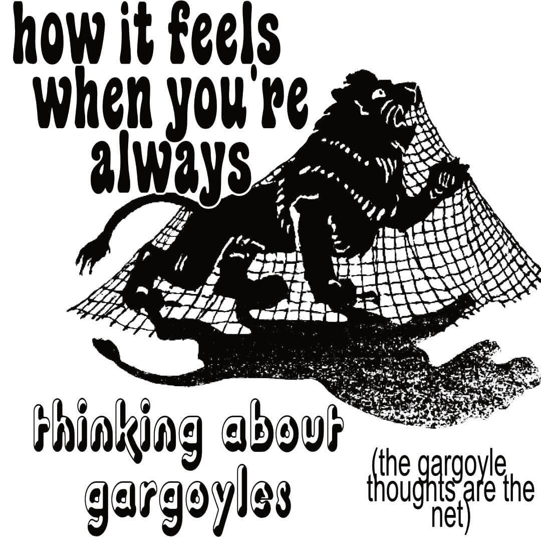Vintage lion tangled in a net, captioned as always thinking about gargoyles.