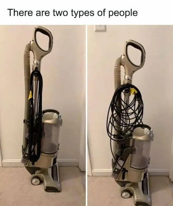 Two upright vacuums side by side, one cord neatly wrapped and one badly tangled.
