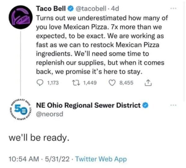 Relatable memes post where a sewer district replies to Taco Bell's Mexican Pizza comeback.