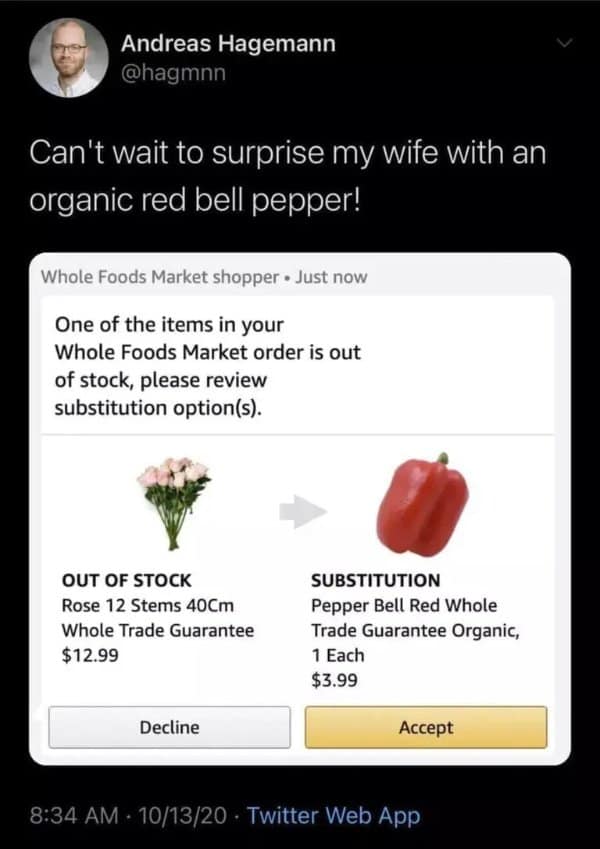 Whole Foods substitution swapping a dozen roses for one organic red bell pepper.