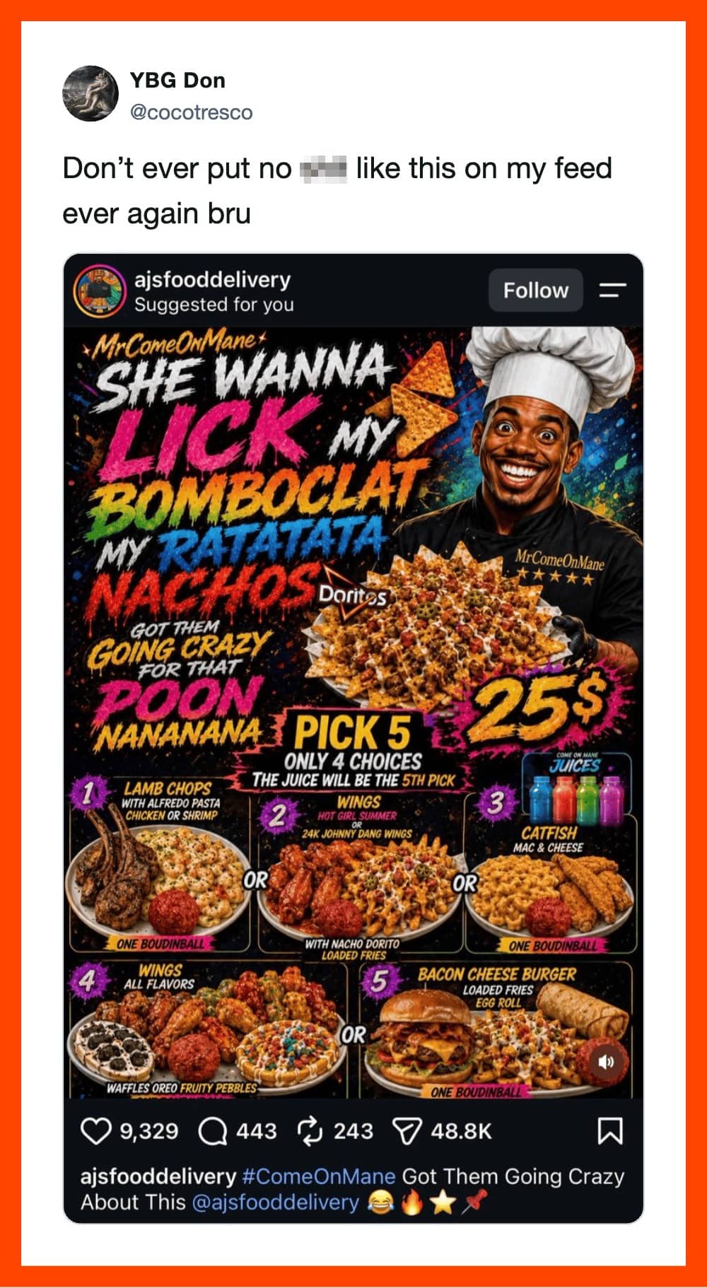 Overly chaotic AI-generated food poster with vibrant neon text and bizarre promotional graphics.