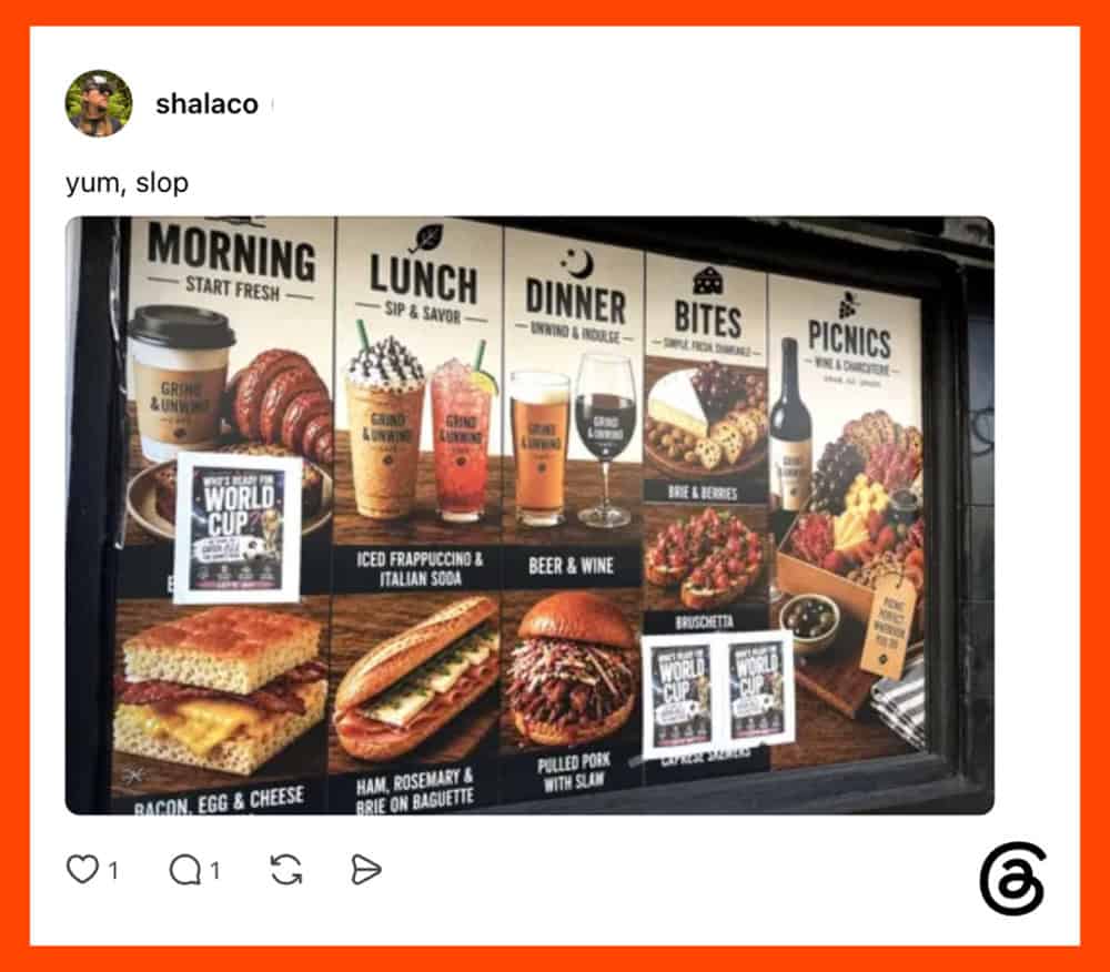 Coffee shop window menu displaying fake-looking AI breakfast sandwiches and drinks.