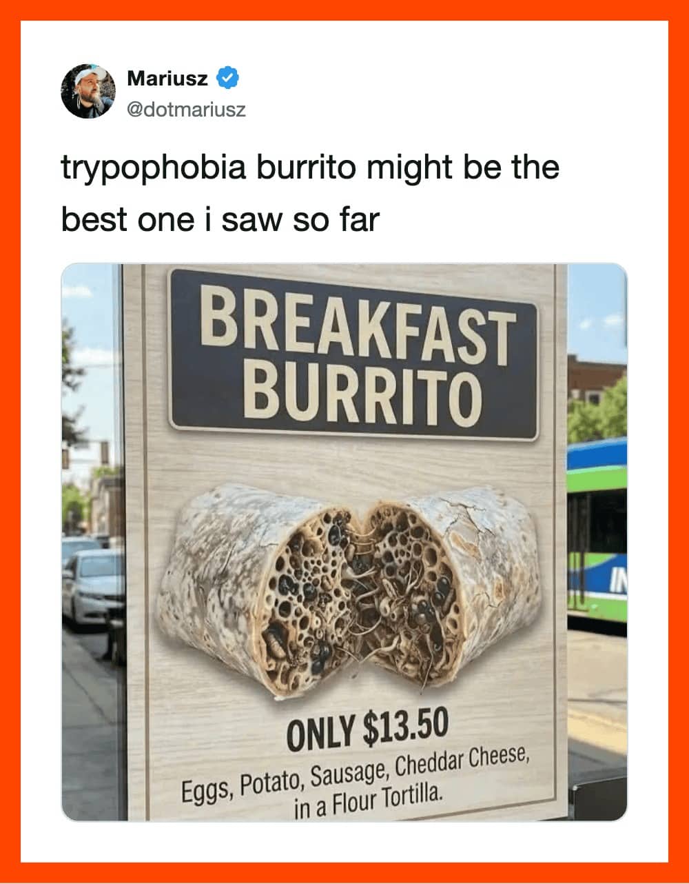 Unsettling AI-generated advertisement for a breakfast burrito featuring weird hole-filled patterns inside.