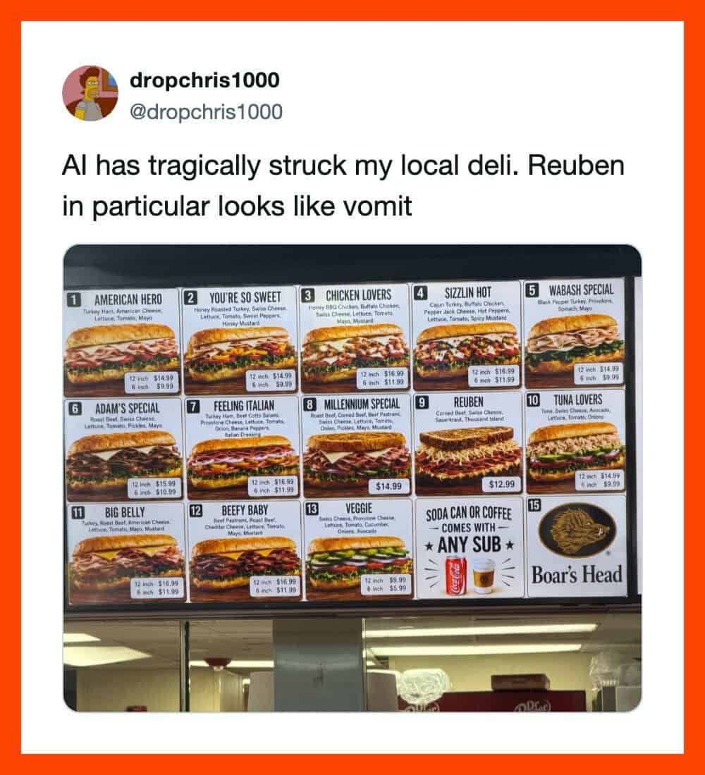 Sandwich shop menu display board filled with strange, uncanny AI-generated deli sub images.