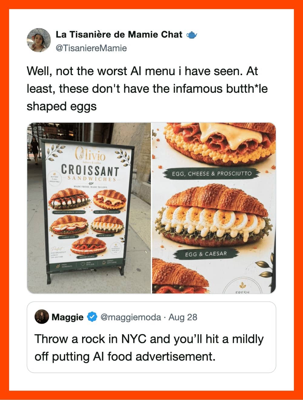 Street sandwich sign in New York City displaying AI-generated croissant menu items.
