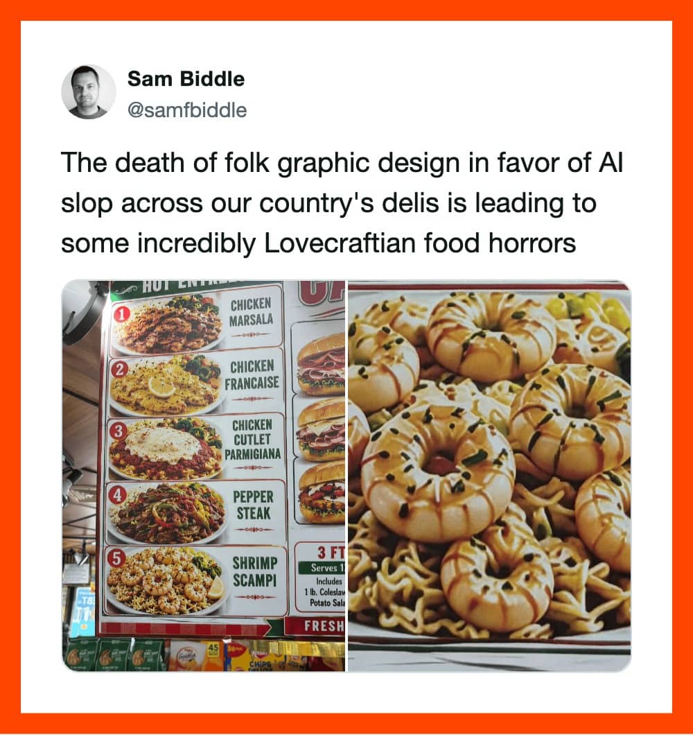 Uncanny AI-generated deli menu showing weirdly shaped pasta and strange ring-shaped foods.