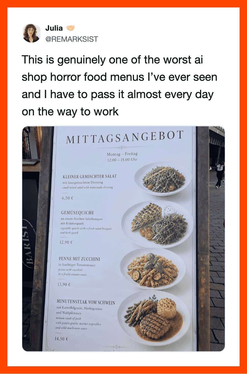 German cafe sidewalk board displaying unappetizing AI-generated meals and bizarre salad textures.