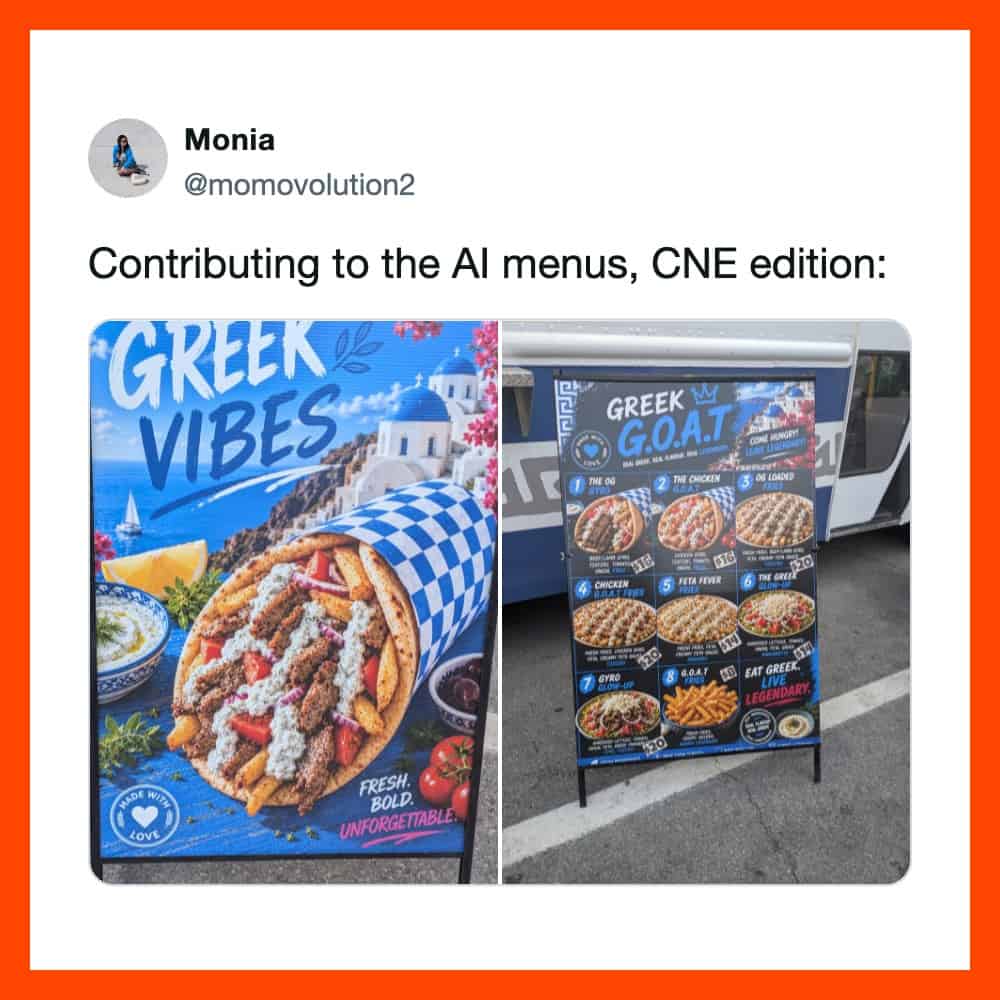 Food truck sign advertising Greek food using heavily processed, uncanny AI graphics.