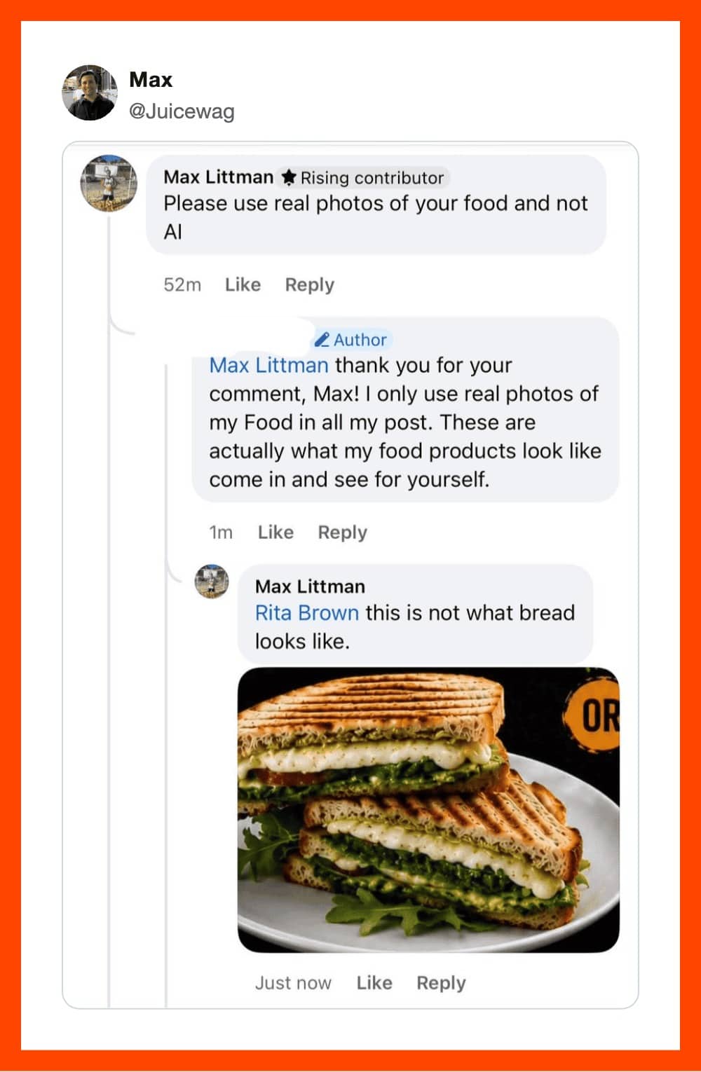 Facebook comment exchange where a user calls out an owner's fake AI sandwich photo.