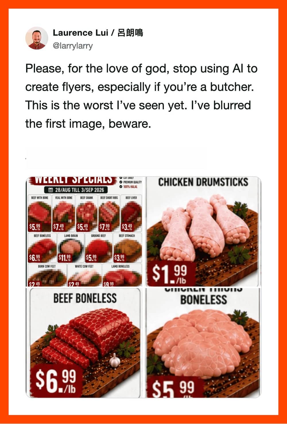 Butcher shop advertisement featuring horrifying AI-generated raw chicken drumsticks with finger-like bumps.