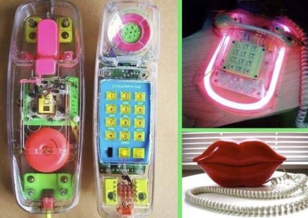 Grid showing iconic 1990s clear see-through plastic landline phones revealing colorful internal circuit boards and wiring as retro tech