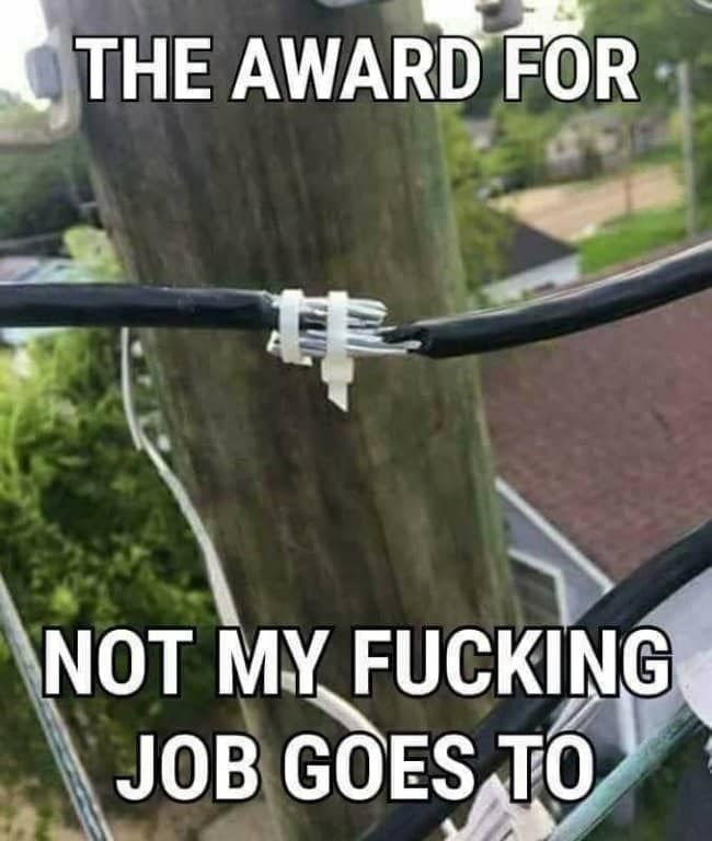 Meme about passing the buck showing an electrical cable spliced together with plastic zip ties
