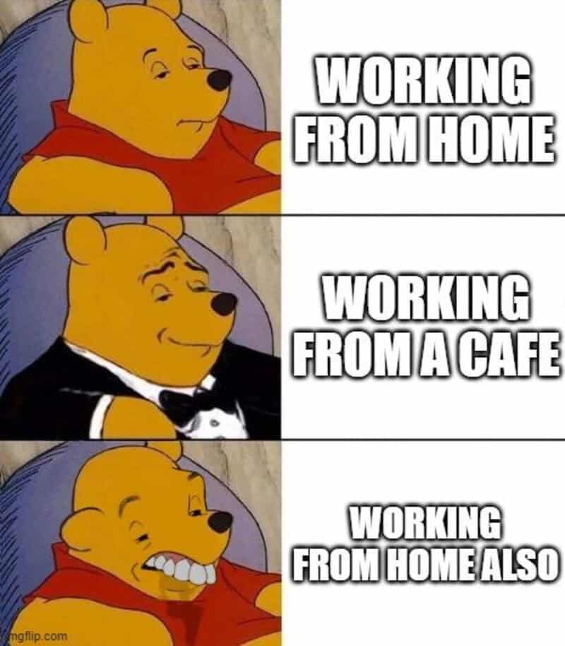 Tuxedo Winnie the Pooh three-panel progression contrasting remote work environments in a self employed meme.