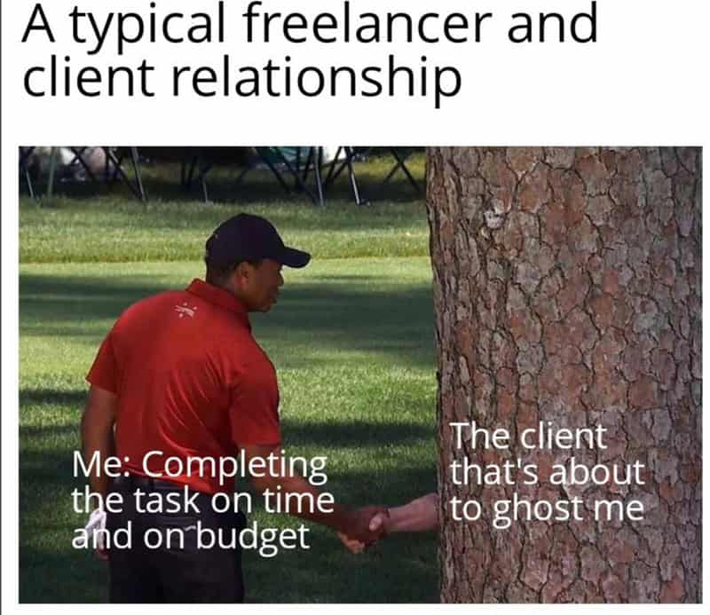 Tiger Woods shaking hands with a tree trunk in a freelancer meme about clients ghosting final payments.