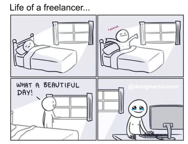 Four-panel webcomic showing a stick figure waking up to a sunny morning only to cry at their computer in a freelancer meme.