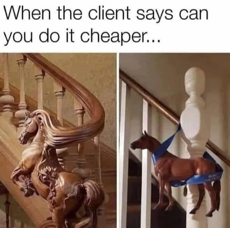 Side-by-side comparison of an elaborate carved wooden horse vs a cheap toy horse taped to a stair banister in a freelancer meme.