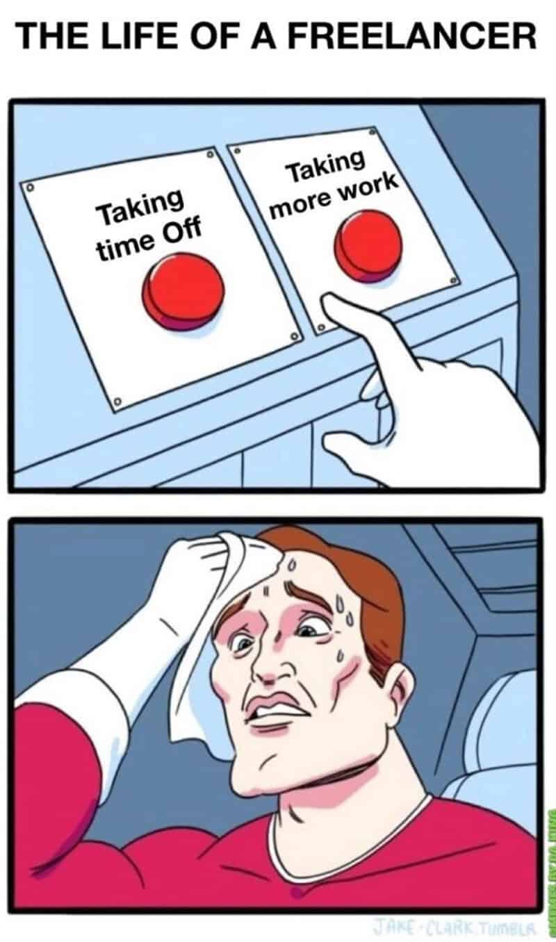 Daily Struggle meme showing a freelancer sweating profusely while choosing between taking time off or taking more work in a self employed meme.