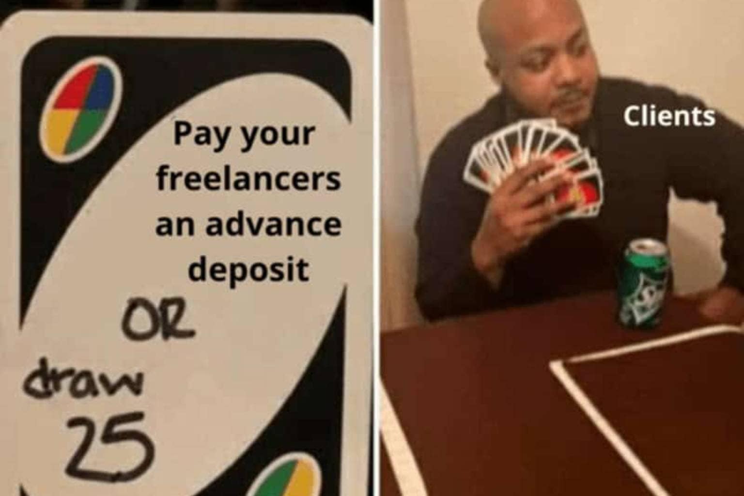A relatable self employed meme collection detailing the chaotic reality of freelance work and client management, featuring an exhausted Mona Lisa as an overworked graphic designer, a calf in a sweater at an office laptop pretending to understand a project brief, and a man parasailing mid-air while actively typing on his computer.