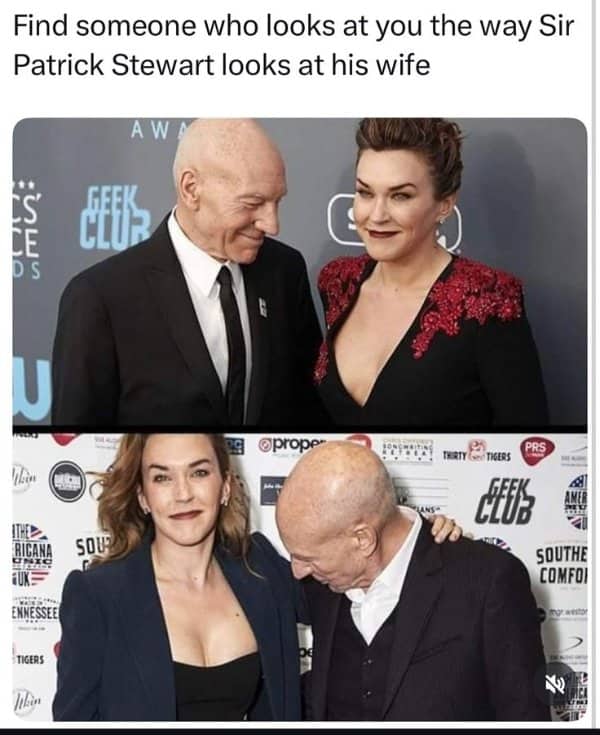 Sir Patrick Stewart gazing lovingly at his wife on red carpet for seniors memes.