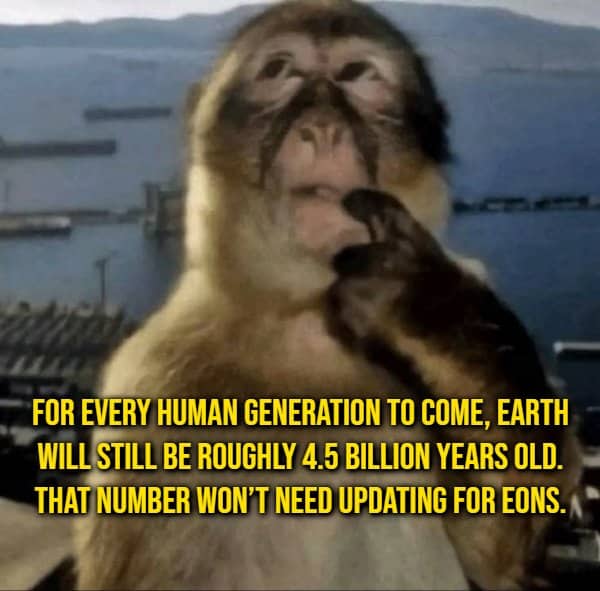 Monkey looking stunned beside a shower thought about Earth staying roughly four and a half billion years old
