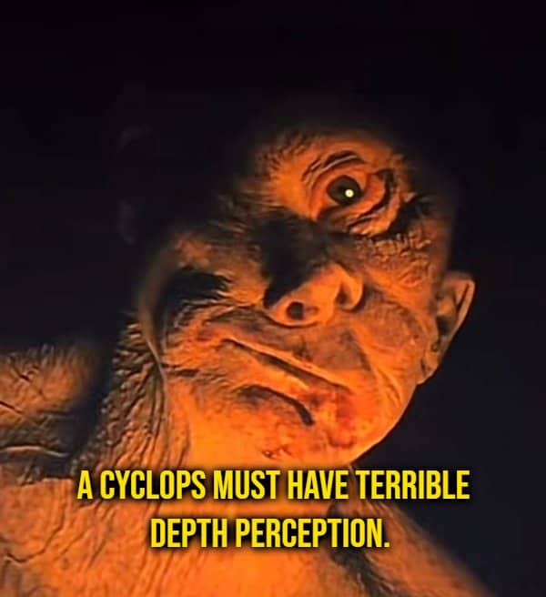 Cyclops creature lit in orange beside a shower thought about a cyclops having poor depth perception