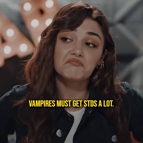 Woman pulling a disgusted face beside a shower thought about vampires and blood borne illness