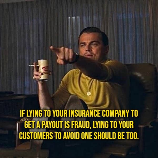 Man pointing at a screen beside a shower thought comparing insurance fraud with corporate lying