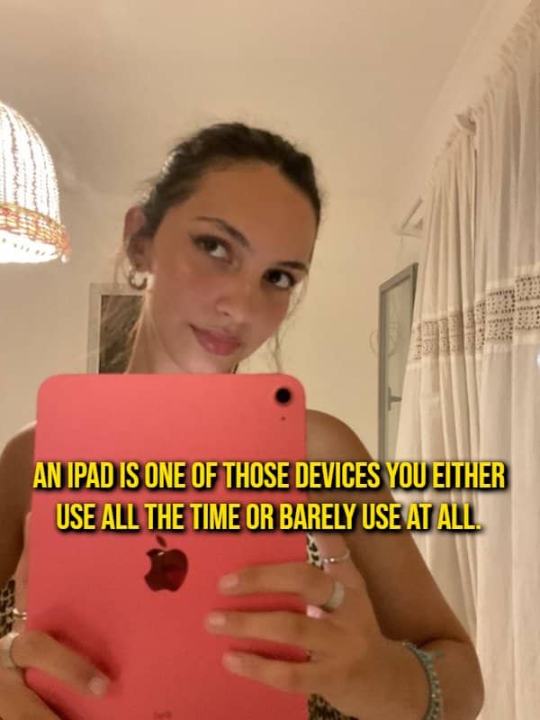 Woman holding a pink tablet in a mirror beside a shower thought about how people use iPads