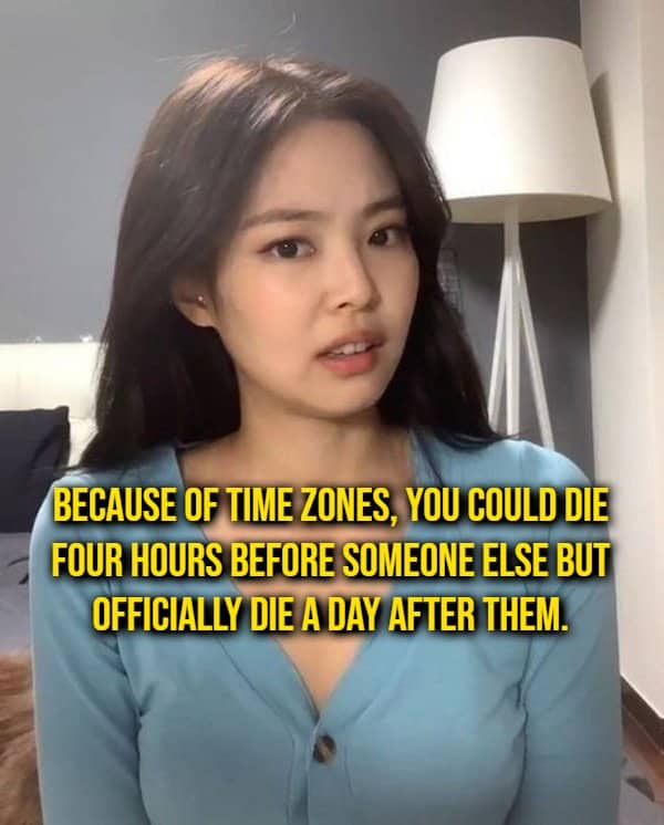 Woman looking puzzled beside a shower thought about time zones changing the recorded date of death