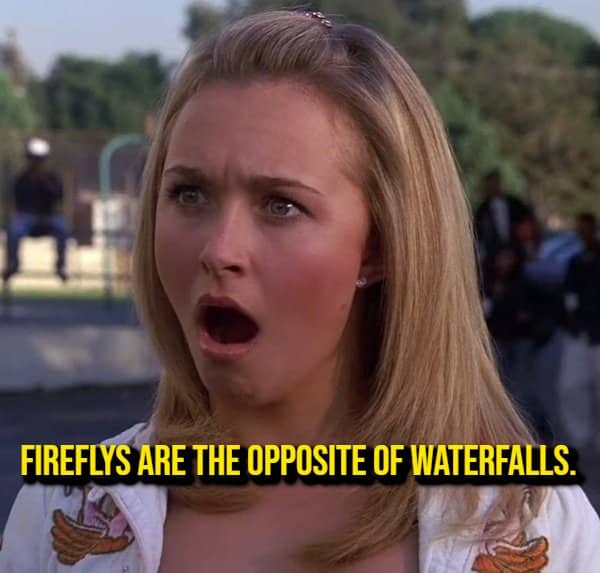 Woman gasping in shock beside a shower thought that fireflies are the opposite of waterfalls
