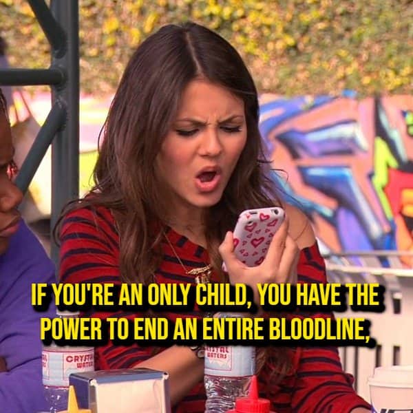 Woman looking at her phone beside a shower thought about only children and family bloodlines