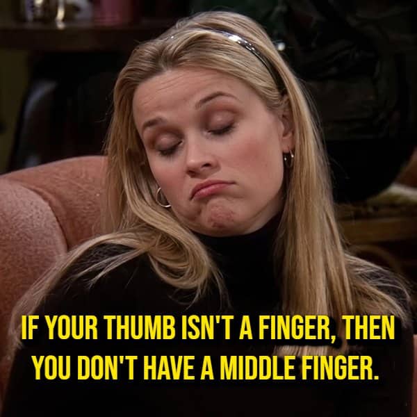 Woman pulling a doubtful face beside a shower thought about whether a thumb counts as a finger