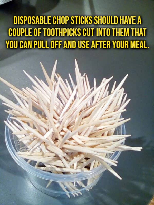 Cup of toothpicks beside a shower thought proposing chopsticks with toothpicks built into them