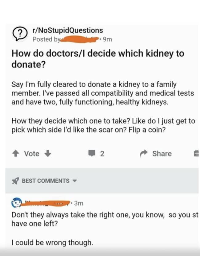 Reddit question regarding kidney donation selection paired with wordplay slow clap meme reply.