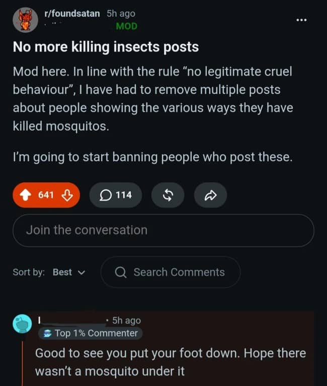 Reddit screenshot about banning mosquito posts with witty slow clap meme comment.